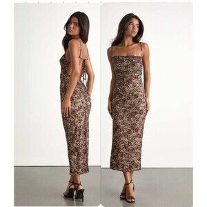 Lulus Brown Leopard Mesh Bodycon Midi Dress NWT Size L Large